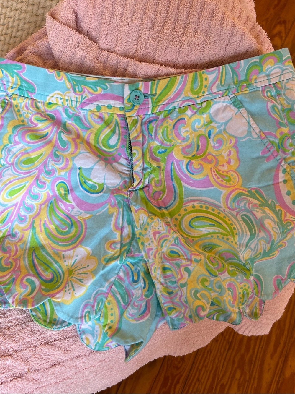 Lilly Pulitzer Pastel Paisley Scalloped-Hem Shorts in Aqua, Pink & Yellow